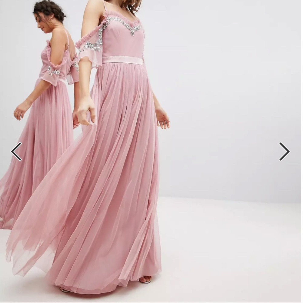 Maya Cold Shoulder Sequin Detail Tulle Maxi Dress With Ruffle Detail -  Size: 6
